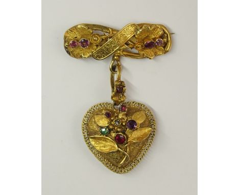 A Victorian heart shaped pendant brooch the gems spell out the word REGARD of heart shape set with diamond, emerald, amethyst