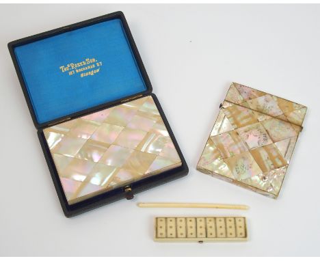 A Victorian mother of pearl card case with lined interior, in fitted case with retailers Thos Ross & Son, Buchanan St, Glasgo