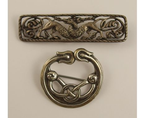 Two Alexander Ritchie brooches a pen annular shaped brooch with Celtic knotwork decoration bears the inscription in raised le