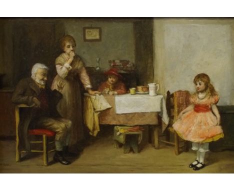 JOHN BURR RBA, ROI, ARWS (Scottish 1831-1893) THE NEW DRESS oil on panel, signed, 20 x 30cm (8 x 11 3/4")