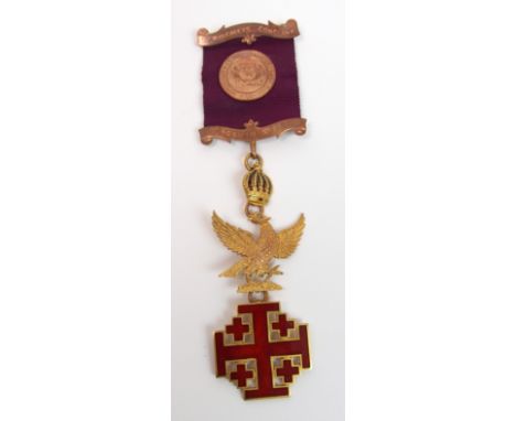 A 9ct gold, enamel and gem set Masonic Knight Templar medal the red enamel cross surmounted by eagle and gem set crown with r