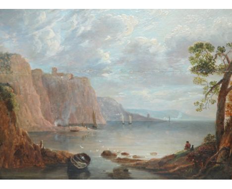 ROBERT GIBB RSA (Scottish 1801 - 1837) BOATS AND FIGURES BY CLIFFS ON A COASTLINE Oil on panel, signed and indistinctly dated