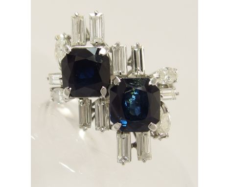 An 18ct white gold retro sapphire and diamond ring a pair of mixed cut square sapphires are enhanced by the linear qualities 