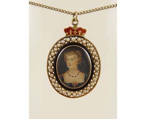 A pendant commemorating the death of Princess Charlotte Augusta the glazed portrait miniature surrounded with a panel of blac