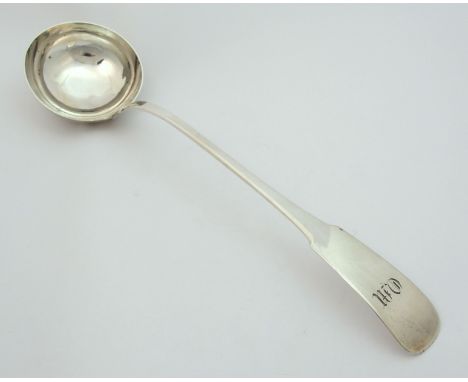 A silver soup ladle unidentified maker's mark J. McK, Glasgow 1832, fiddle pattern, the finial initialled 'QM', 38cm long, 8o