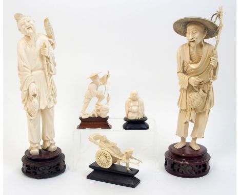 A Chinese ivory model of a fisherman holding a rod and basket (damages) wood stand, 29cm high, another figure (damages), 28cm