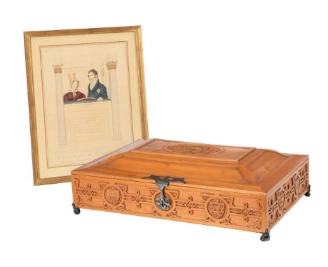 A SATINWOOD BOX EARLY 20TH CENTURY Bearing the Belgian Royal Family crest and motto 'L'UNION FORCE FAIT LA' (Unity Makes Stre