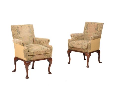 A PAIR OF MAHOGANY AND TAPESTRY STYLE UPHOLSTERED ARMCHAIRS IN GEORGE I STYLELATE 19TH OR EARLY 20TH CENTURYIn the manner of 