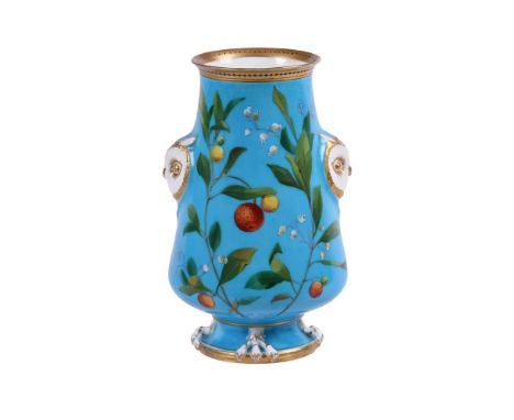 CHRISTOPHER DRESSER FOR MINTON AN AESTHETIC MOVEMENT BLEU CELESTE GROUND 'OWL' VASECIRCA 1868Of conical baluster form, relief