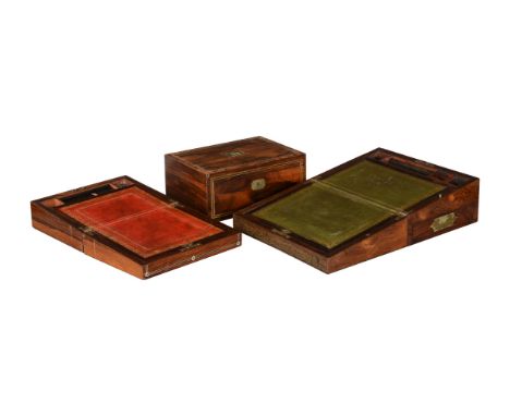 Y A GROUP OF THREE ROSEWOOD BOXES AND WRITING SLOPESMID 19TH CENTURYComprising the largest with brass inlay engraved for Miss