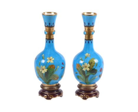 CHRISTOPHER DRESSER FOR MINTONA PAIR OF AESTHETIC MOVEMENT SLENDER FLOWER VASESCIRCA 1870Of ovoid bottle form on integrated C