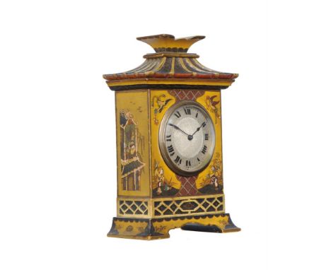 A MANTEL TIMEPIECE WITH YELLOW LACQUERED CASE IN CHONOISERIE STYLEEARLY 20TH CENTURYWith Swiss movement26.5cm highCondition R