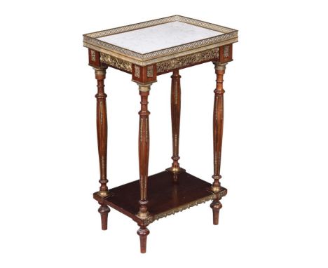 A FRENCH MAHOGANY, GILT METAL MOUNTED AND MARBLE ETAGEREIN LOUIS XVI STYLE, LATE 19TH/EARLY 20TH CENTURY71cm high, 40.5cm wid