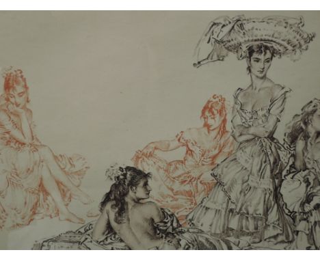 A print after William Russell Flint, ladies in repose by Frost and Reed, signed and dated 1959, 15"x25", framed and glazed