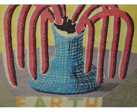 A lithographic print after David Hockney, Peace on Earth, attributed and dated 1986, verso 16"x20", framed and glazed