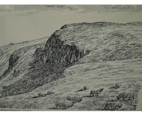 A pen and ink sketch, Alfred Wainwright, The Shoulthwaite Crags, signed, 7"x9", framed and glazed