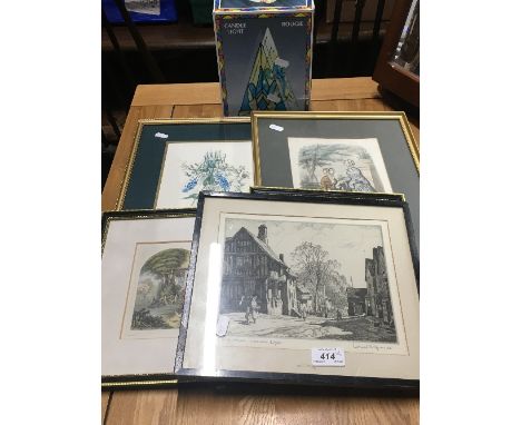 3 OLD ENGRAVINGS AND 2 PRINTS AND CANDLE LIGHT