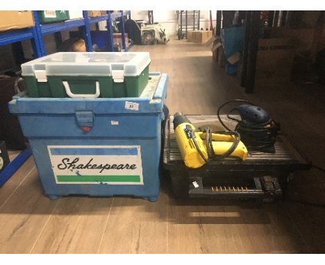 WET AND DRY ELECTRIC TILE CUTTER & 2 BOXES OF TOOLS AND SANDER