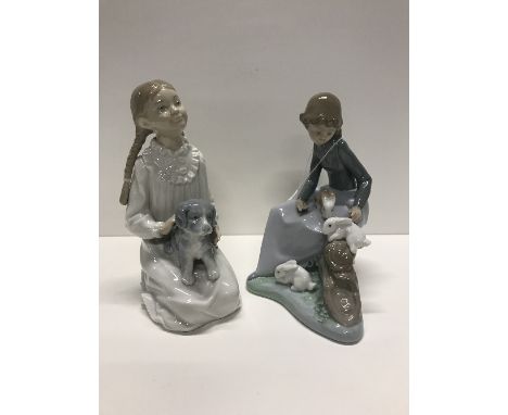 2X NAO FIGURINES "GIRL WITH RABBITS AND GIRL WITH PUPPY"