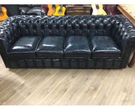 BLUE LEATHER 4 SEATER CHESTERFIELD SOFA