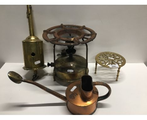 BRASS SALTER SCALE, TRIVET, SPIRIT BURNER STOVE AND COPPER WATERING  CAN