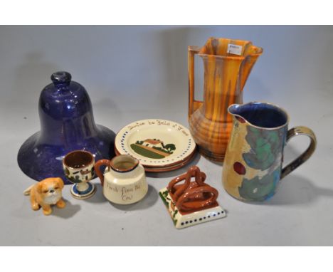 A collection of assorted pottery, including a Myott Dew jug and a glass bell (1 box)