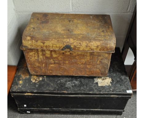 A large black Japanned tin trunk with side handles, 35cm high x 93cm wide x 52cm deep, together with another in a dragged woo