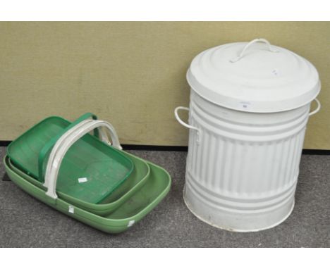 A collection of assorted trugs, galvanised bin and garden tools