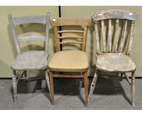 Three kitchen chairs, a stick back chair, 90cm high and two others (3)