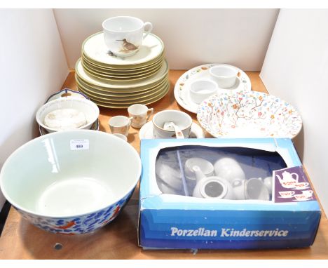 A Royal Copenhagen part dinner service, a porcelain miniature doll's service, a Herend condiment bowl, fixed stand and ladle,
