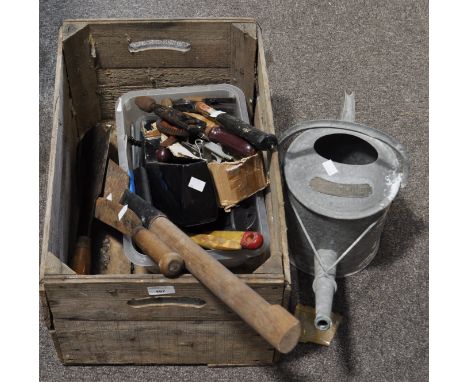 A wooden box of garden implements and tools (1 box)