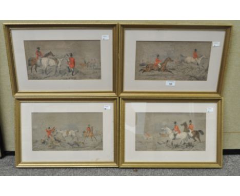 A set of four coloured lithograph prints depicting hunting scenes, framed and glazed, each 43cm x 29cm inc frame