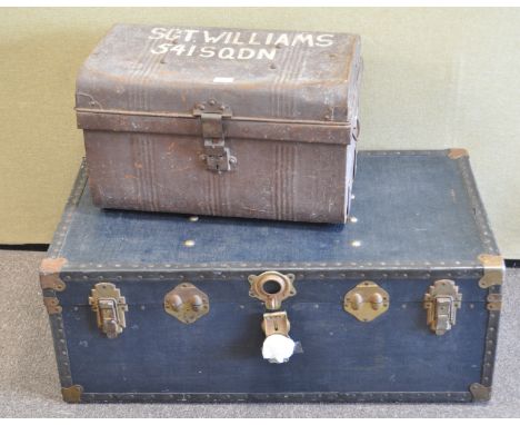 A military hinged metal travelling trunk, 55cm wide x 34cm deep, together with a blue clad plywood 'Overpond' trunk,