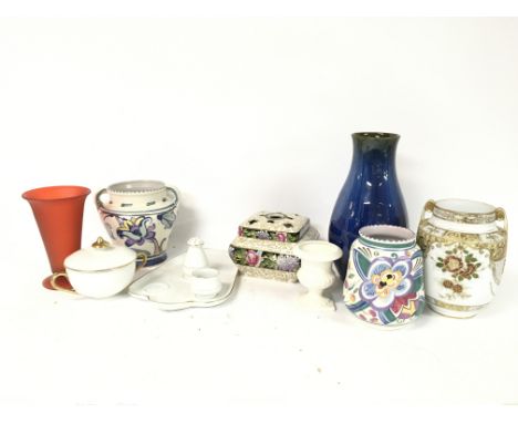 A collection of vases including Poole, Noritake, Honiton &amp; a Devon ware breakfast set