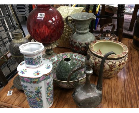 A gilt metal and cranberry glass lamp a collection of retrospective copy Chinese ceramics Middle Eastern metal ware and other