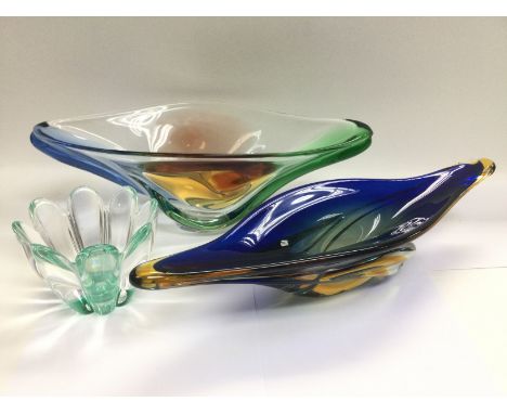 A Murano glass elongated dish plus one other and possibly an Orrefors vase (3).