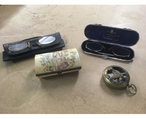 A bone oriental box, a compass and spectacles, silver spectacle case with Chester hall marks