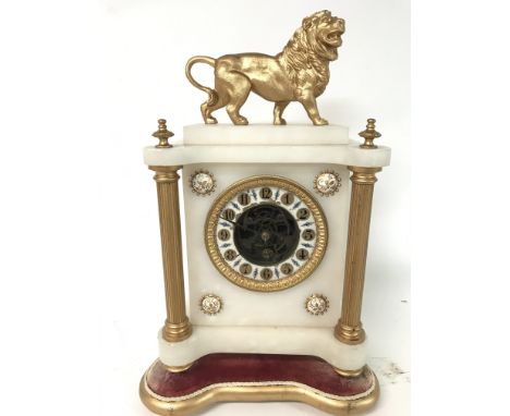 Marble Lion mantel clock, 38x24cm approx