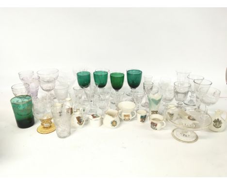 Vintage Victorian glasses, some engraved and stained glass pieces &amp; W.H Goss crested ware