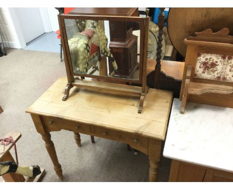 A pine dressing table 87cm wide 43cm deep and a vintage dressing top mirror and a wall clock, upholstered armchair. No reserv