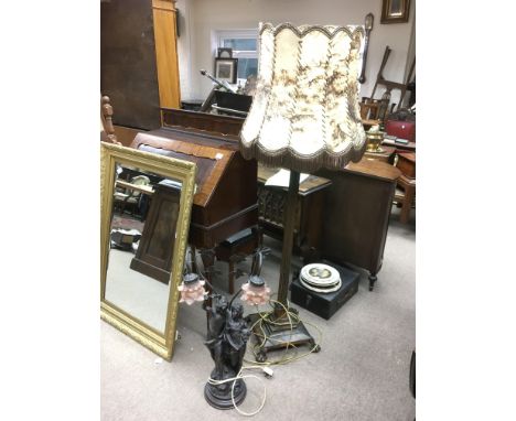 A vintage brass Corinthian column standard lamp and an Art Nouveau style double table lamp (2).