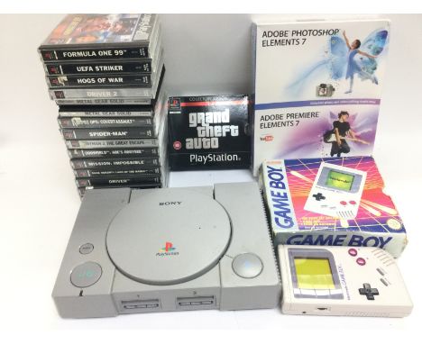 A boxed Nintendo Gameboy, Playstation 1 games console and games plus a sealed Adobe Photoshop Elements 7, headphones etc.