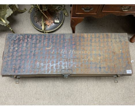 A large Antique Naval trunk by Gieves, with hand painted owners details for Lieut L.R Hughes. 105 x 37 x 27cm.