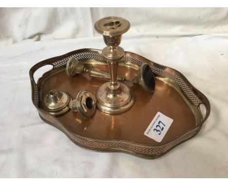  Sale Item:    PLATED TRAY &amp; CANDLE STICKS (AF)   Vat Status:   No Vat   Buyers Premium:  This lot is subject to a Buyers
