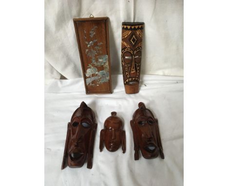  Sale Item:    BOX CARVED MASKS &amp; INLAID PLAQUE   Vat Status:   No Vat   Buyers Premium:  This lot is subject to a Buyers