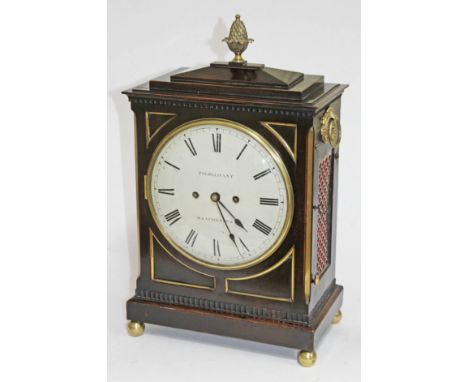 A Regency mahogany bracket clock pull repeat brass fusee movement, brass handles and pineapple finial, the painted dial signe