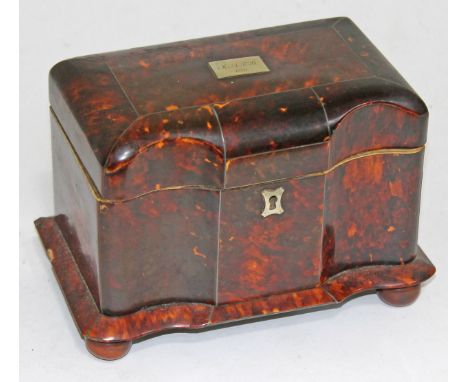 A Regency tortoiseshell tea caddy. W20cm CONDITION REPORT  - both hinges broken, one repaired but quite loose, lid doesn't cl