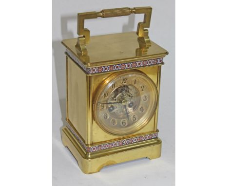 A French champleve 19th century brass carriage clock with French movement. H28cm CONDITION REPORT - rear door does not close 