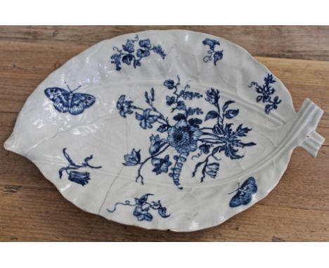 A Worcester first period blue and white leaf dish, length 34cm. CONDITION REPORT - good apart from a large crack and two chip