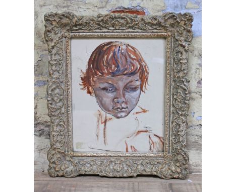 D Emrys Evans, portrait, watercolour, 19cm x 24cm, monogrammed, label verso, glazed and framed.